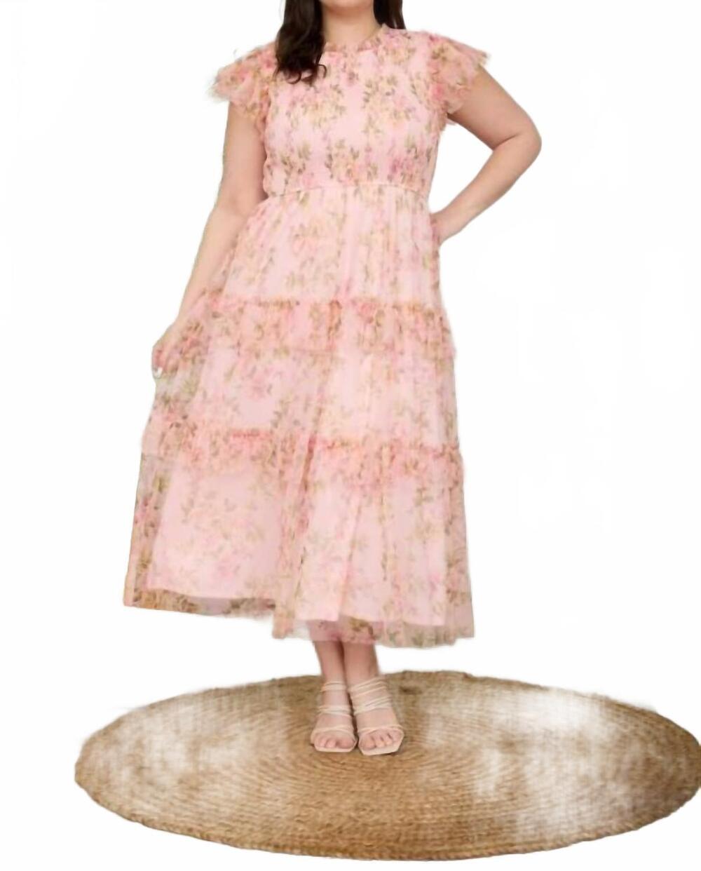 NEW MINE AND E&M floral tulle pattern smocked midi dress - plus in pink